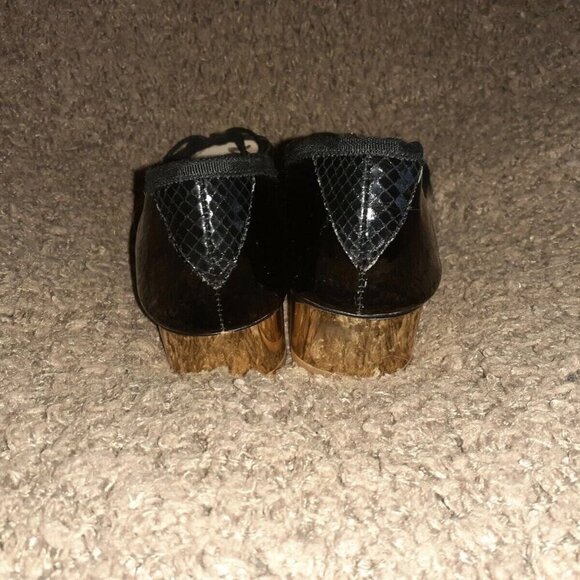 SAM EDELMAN-Natalie-Black Patent Leather-Ribbon Trim-Bow-Gold Heel-7.5-Near Mint - Picture 6 of 8